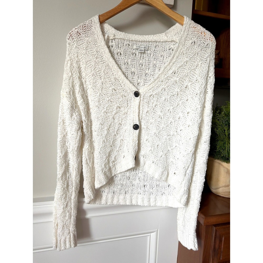 American Eagle Cream Cable Knit Cardigan Cropped Oversized Sweater Womens M Boho